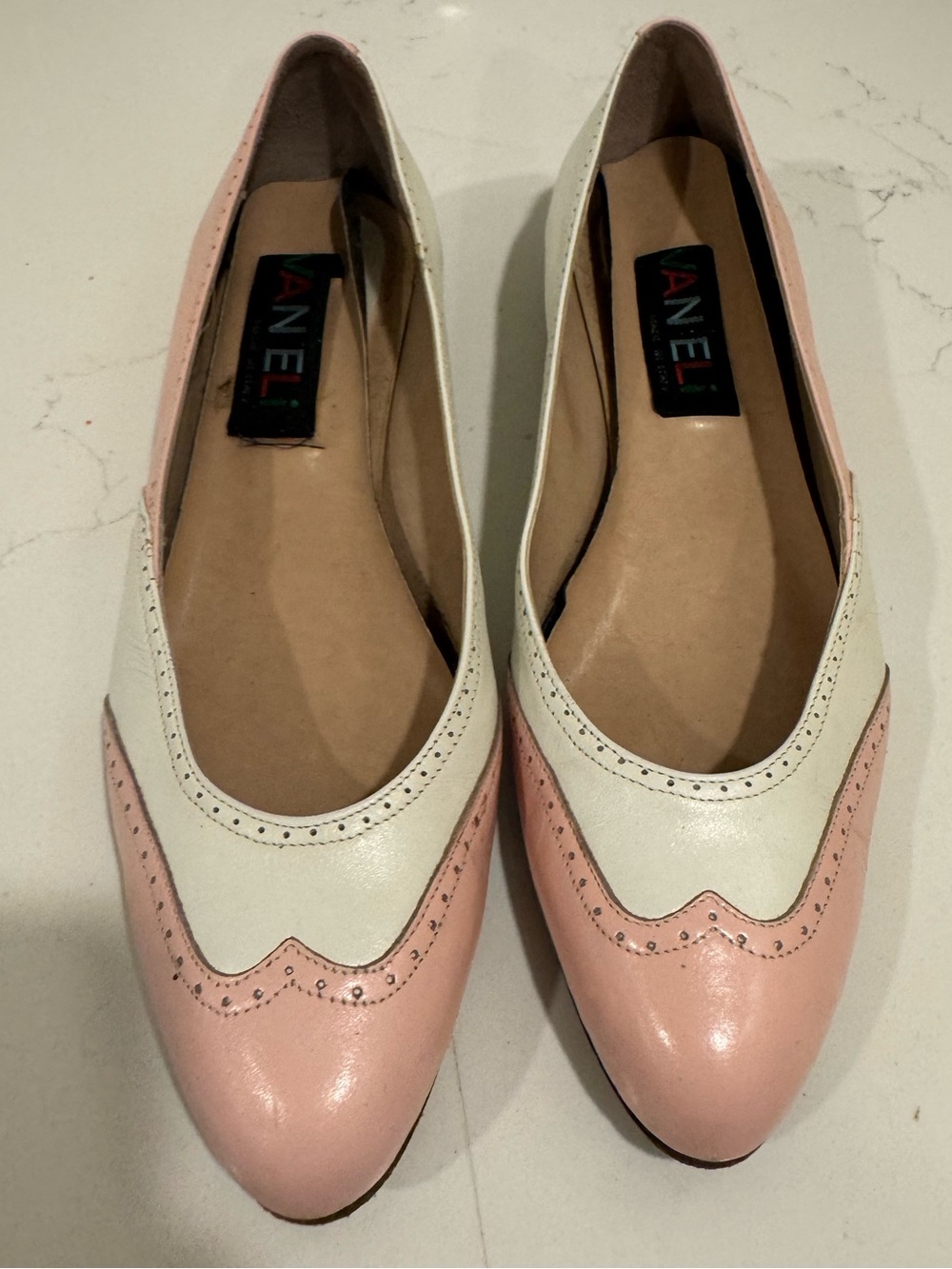 Vintage Vaneli Pink and White Two-Tone Leather Pointed Ballet Flats